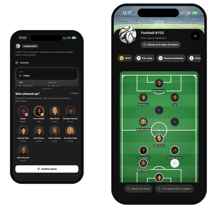 Confirmation des présences et votes après un match de football